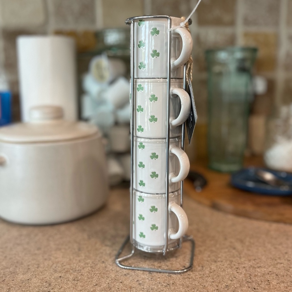 NWT Leaf & Bean Boston Warehouse 4oz Shamrock Stacking Espresso Coffee Mugs